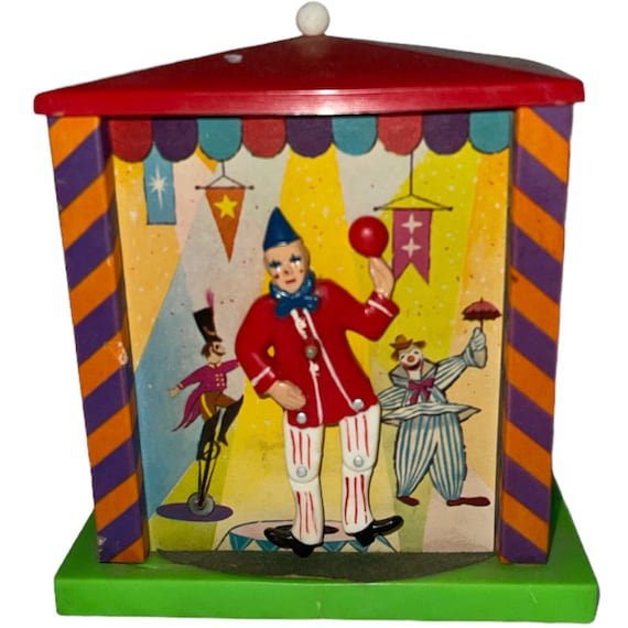 Vintage Circus Clown Plastic Music Box Green Red 