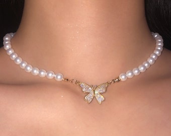 Butterfly pearl choker- 18k gold plated vivienne westwood inspired necklace - Y2k pearl necklace
