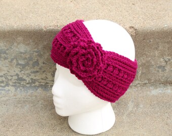 Choice of sizes | Headband | Ear warmer | Boysenberry with flower