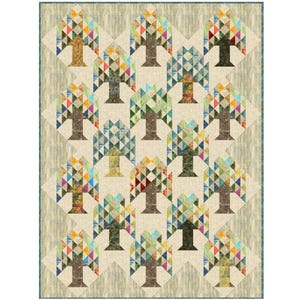 May include: A quilt with a pattern of colorful trees on a beige background. The trees are made of triangles in various shades of blue, green, red, yellow, and orange.