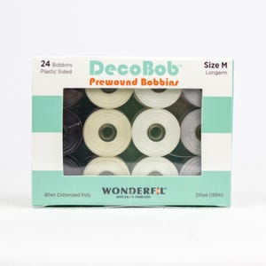 May include: A box of 24 DecoBob prewound bobbins in size M for longarm sewing machines. The bobbins are 80wt cottonized poly and are 210 yards (193 meters) long.