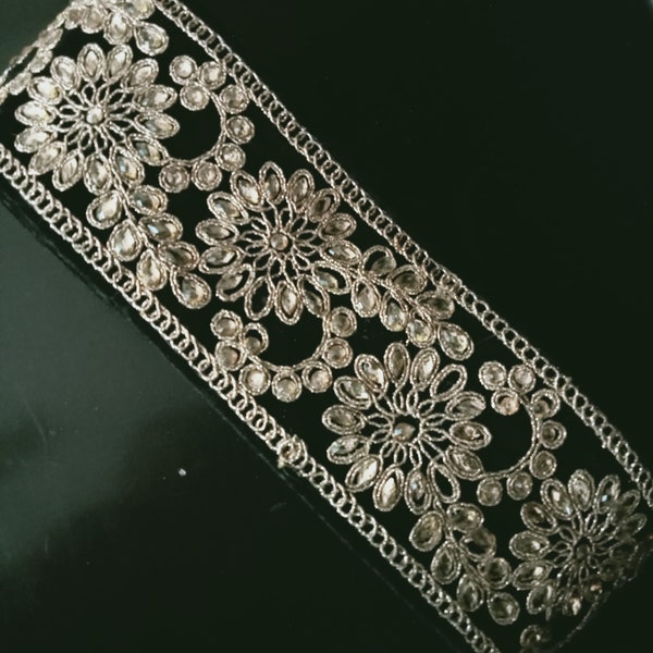 Black Laces and Trims ,Velvet Embroidered, Saree Border, Fabric Trim, Theard, Trimmings, Ribbon, Lehenga Sari Kundan Gold Trim Hand Beaded