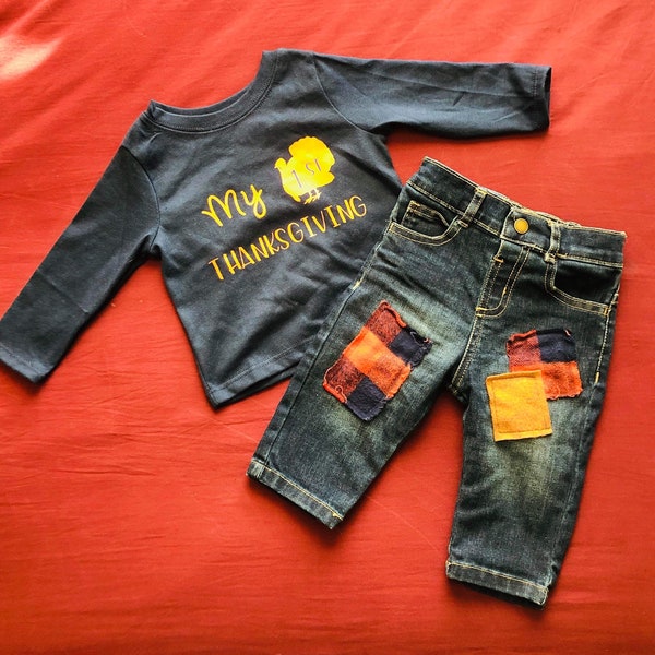 Baby Boy Thanksgiving Outfit. Fall Outfit. Navy Blue and Orange Plaid. Baby Boy Shirt. Navy Blue Long Sleeve Shirt. Plaid Patch Jeans.