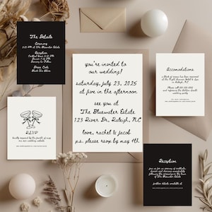 Conjunto de invitaciones de boda elegantes y atemporales: plantillas de Canva editables, diseño en blanco y negro, incluye RSVP, detalles, recepción y más