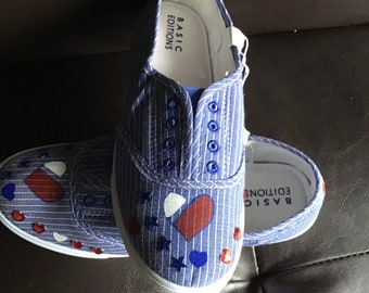 Hand Painted Canvas Slip-On Shoes, Rhinestone Heart and Star Design, US Women's 9