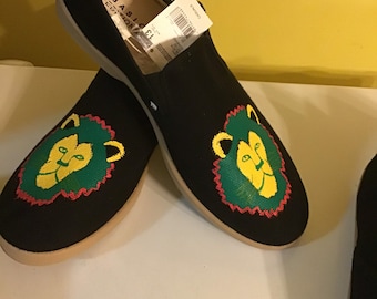 Hand Painted Lion of Judah Canvas Shoes, Jamaican Flag, Men's Size 7, 10