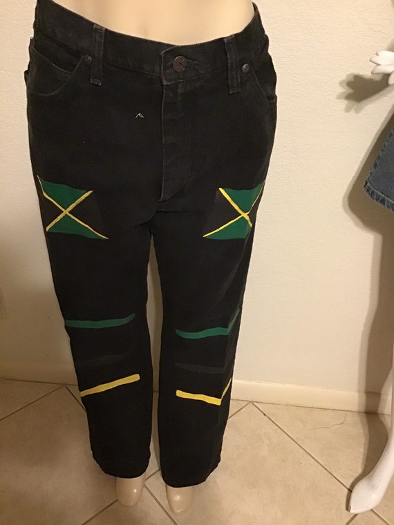 Celebrate Jamaican Style Redesigned Mens Jeans Pants. Hand Painted