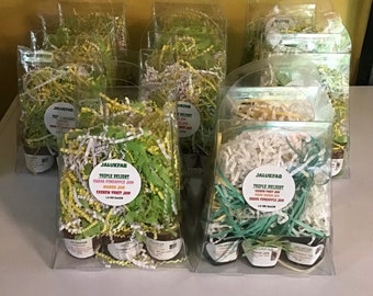 Paquete variado de mermeladas de frutas exóticas, sabores tropicales caseros.