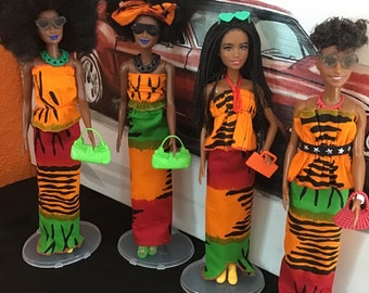 Conjunto de dos piezas de falda y pantalón con estampado africano hecho a mano para muñeca.