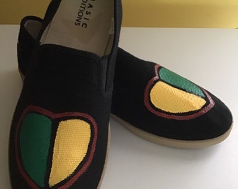 Hand Painted Rasta Heart Slip-On Shoes, Jamaican Style, US 10