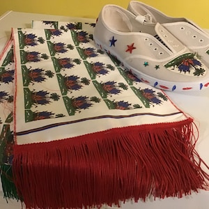 Haitian Scarf Rich Color Unique. Size 60”L x 9 1/2 “W with Blue Green or Red 4” Fringe. Stunning.