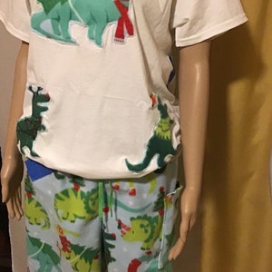 Puede incluir: Una camiseta blanca con una aplicaci&oacute;n de dinosaurio verde y rojo en la parte delantera. La camiseta se combina con pantalones cortos de estampado azul y verde.