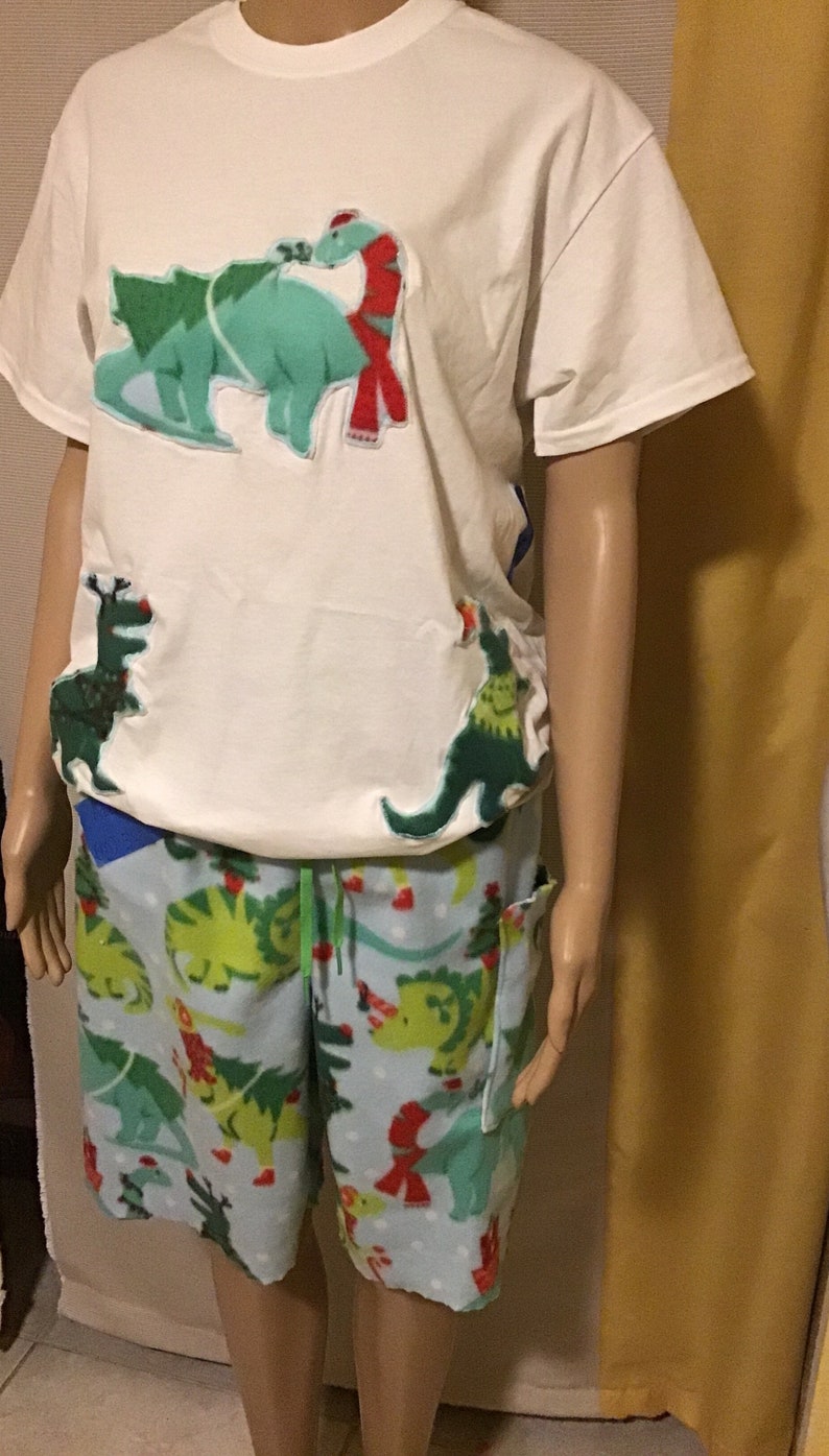 Puede incluir: Una camiseta blanca con una aplicaci&oacute;n de dinosaurio verde y rojo en la parte delantera. La camiseta se combina con pantalones cortos de estampado azul y verde.