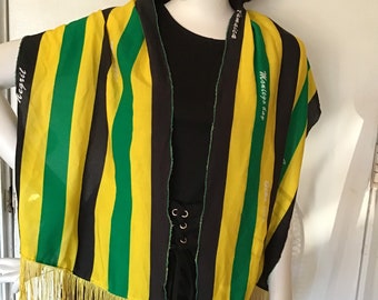 Bufanda jamaicana hecha a mano con flecos amarillos, negro, verde y dorado, 58" x 14"