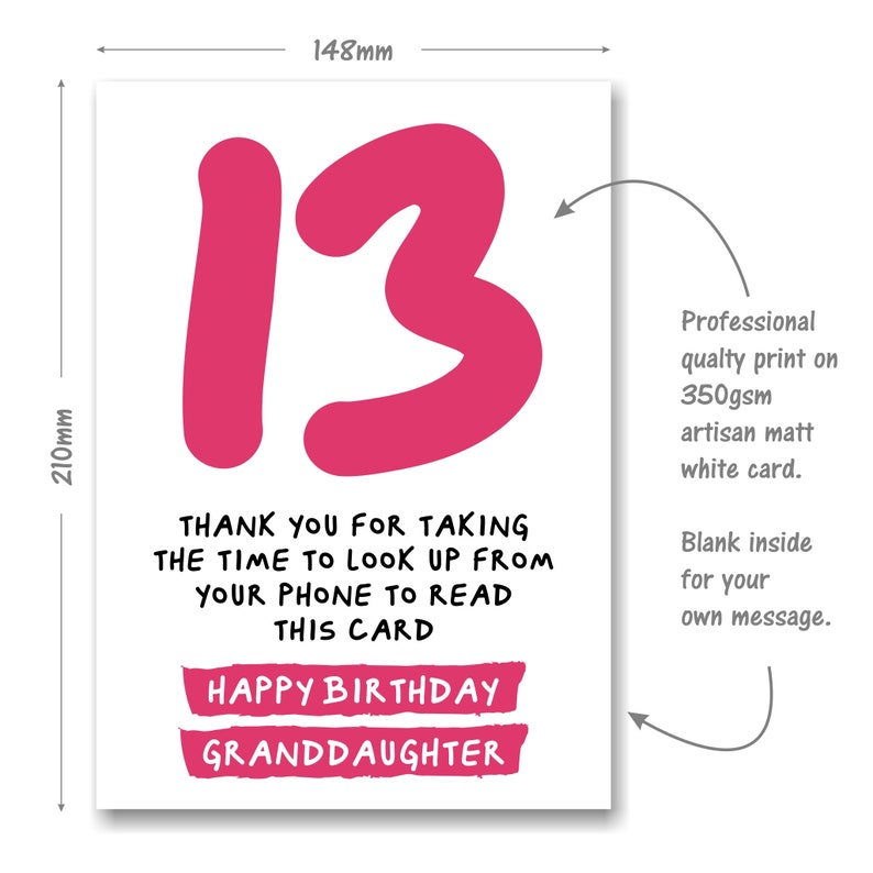 Granddaughter 13th Birthday Card for Granddaughter Funny Joke for 13 Thirteen Year Old Grand Daughter image 3