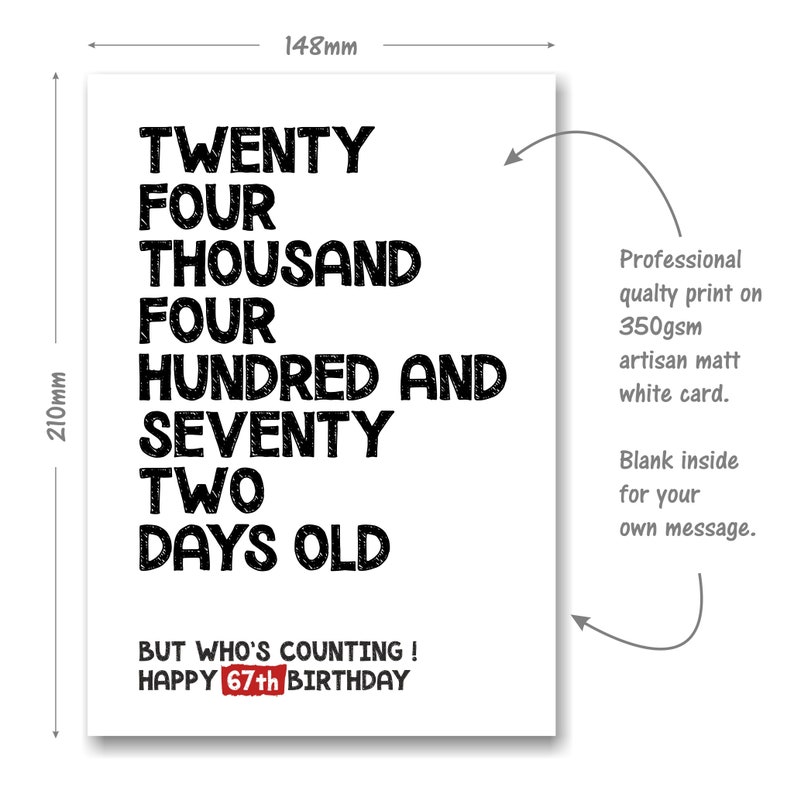 67th Birthday Card - 24472 Days Old but Who's Counting - Funny Card for ...