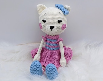 Katze, Weiße Katze in Kleid, Geburtstagsgeschenk, gehäkelte Katze Amigurumi, Kinderzimmerdeko, Tierspielzeug, spielzeugkatze, Ballett, Puppe