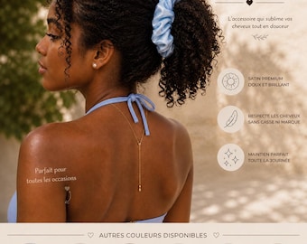 May include: A light blue satin scrunchie in a woman's hair, with the text "CHOUCHOU en satin". The image also shows other scrunchie colors: pink, beige, white, green, and black. The text says "Perfect for all occasions".