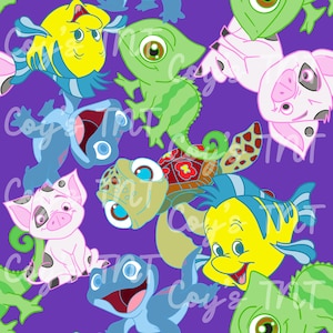 May include: A purple background with a repeating pattern of cartoon characters. The characters include a blue fish, a green chameleon, a pink pig, a blue frog, and a turtle with a red and brown shell.