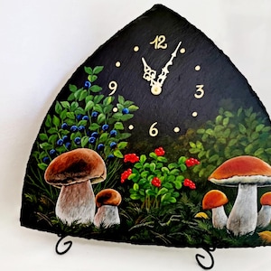 Table Clock Mushrooms - Hand painted unique slate table clock