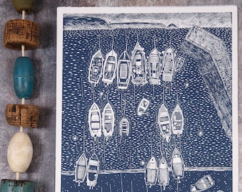 End of the Day, Portscatho Harbour, Limited Edition Lino Print