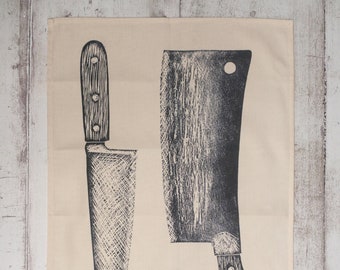 Cotton Tea Towel with Knife and Cleaver Lino Print