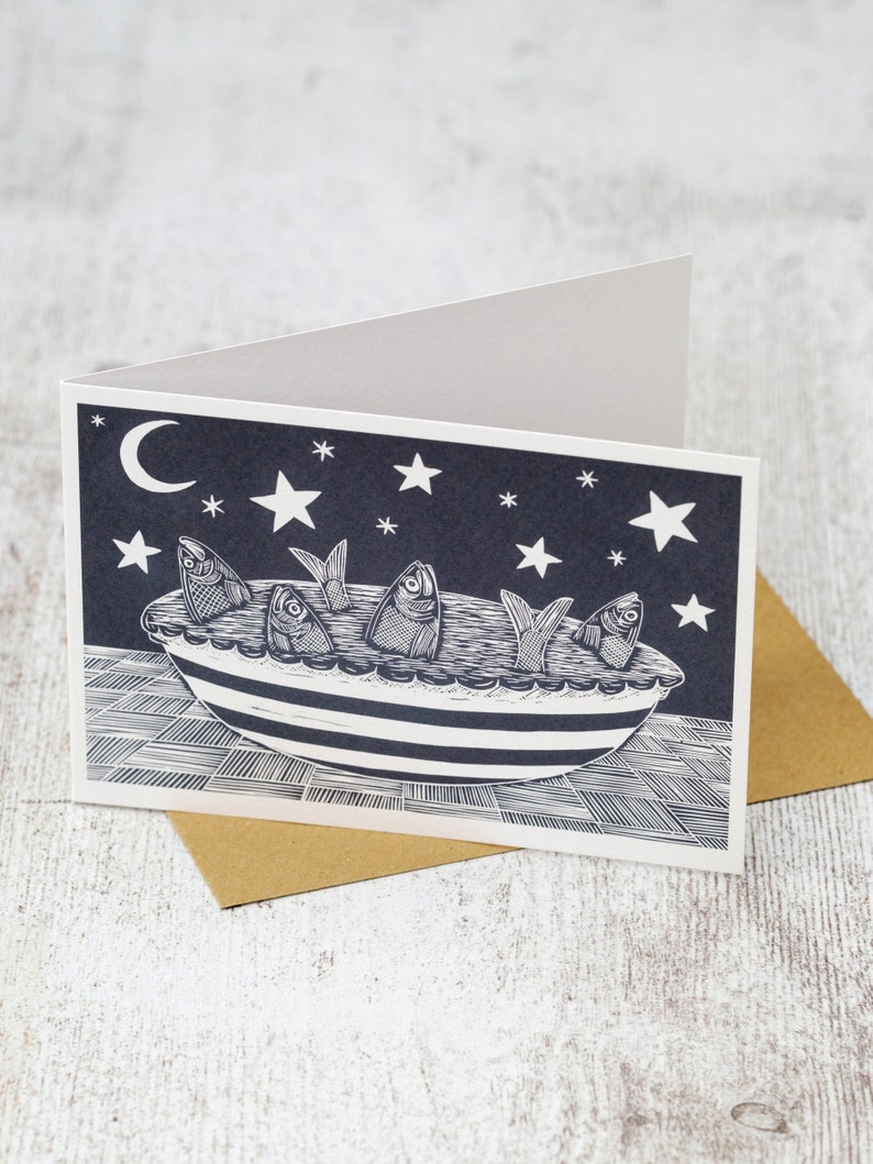Stargazy pie, A5 Lino Print Greeting Card image 1
