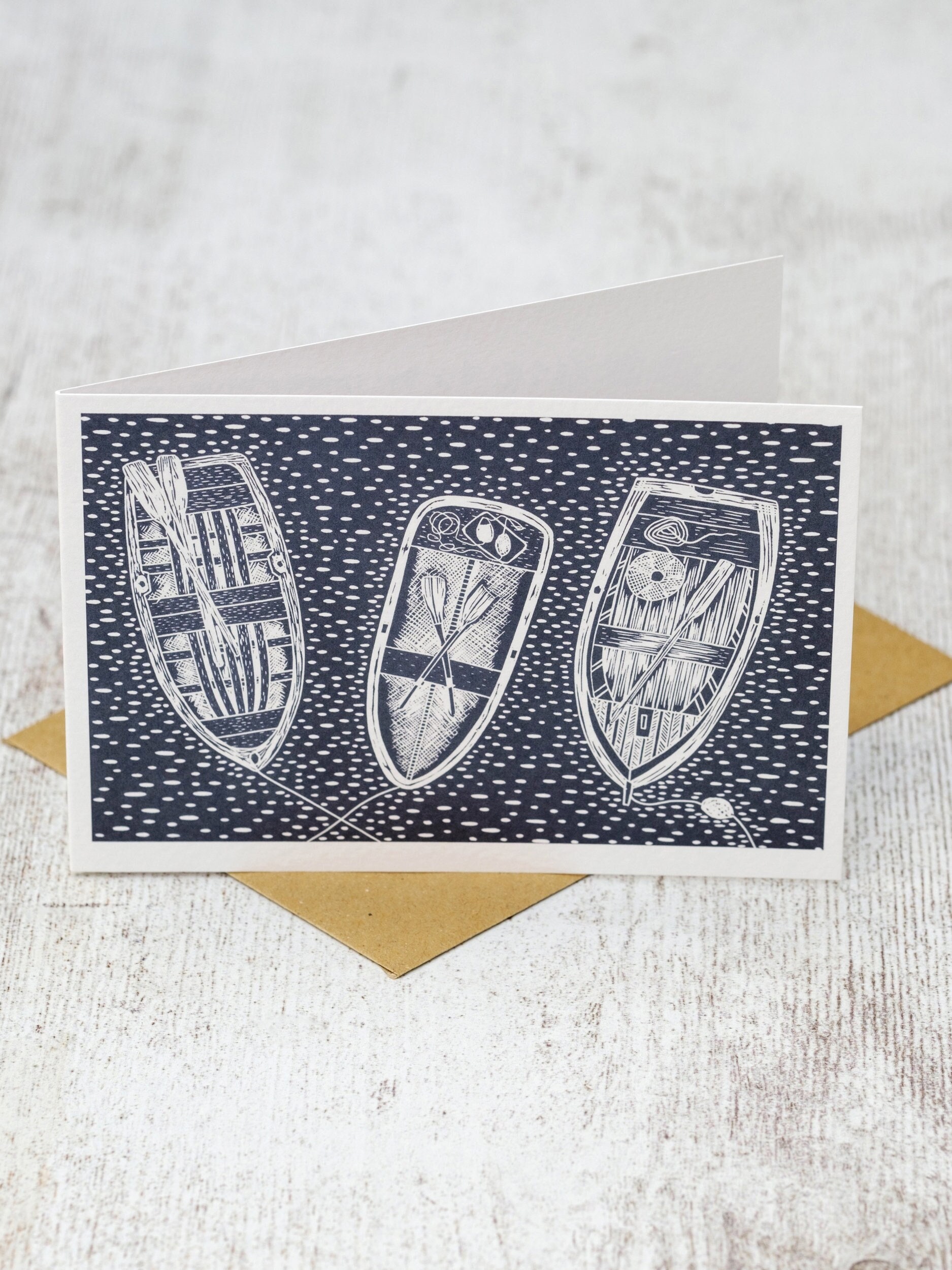 Three Rowing Boats, A6 Lino Print Greeting Card