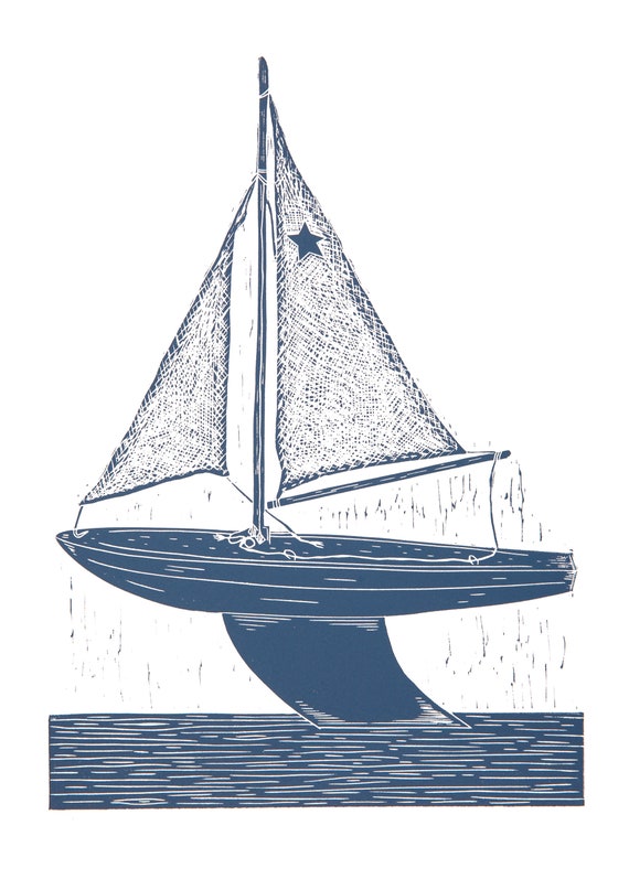 Children's Model Sailing Boat Lino Print - Coastal Art, Beach, Retro, Childhood