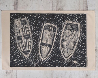 Cotton Tea Towel with Three Rowing Boats from Above Lino Print