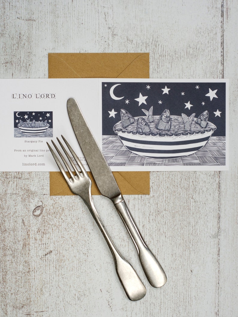 Stargazy pie, A5 Lino Print Greeting Card image 2