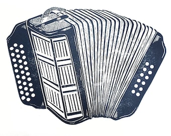 Limited Edition Lino Print of an accordion musical instrument.  Musical, Folk, Country music, Musician