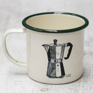 Cream Enamel Mug with Original Lino Print Design of Moka Pot
