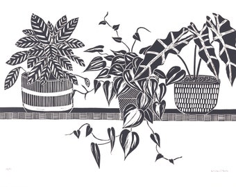 Three House Plants on a Shelf Limited Edition Lino Print. Houseplants, Interior Design, Retro, Homes, Wellbeing