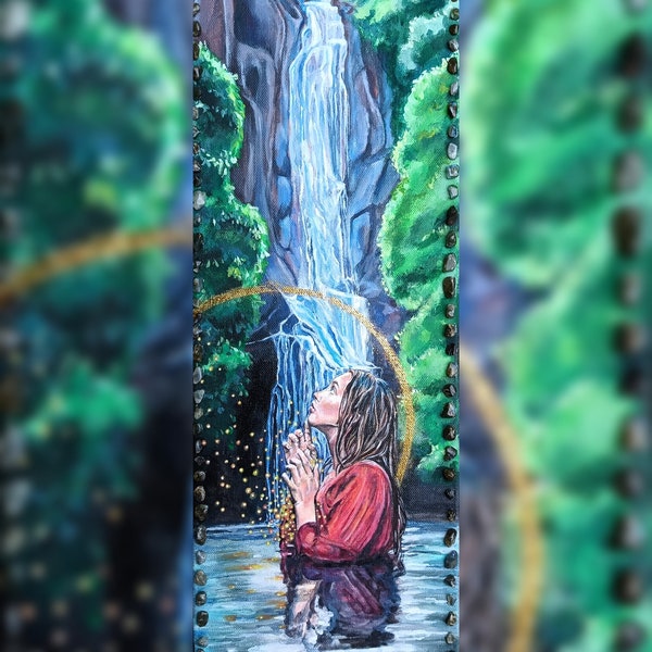 Original Malerei ~ Glückliches Herz ~ Acryl auf Leinwand, 20x60 cm, 7,8x23 inch, Frauen-Motiv am Wasserfall, mit echten Labradorit-Steinchen