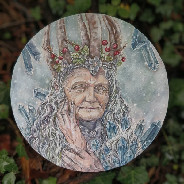 Original Malerei ~ Mother Winter ~ White Witch, Waldhexe, Ancestor, runde Leinwand, Durchmesser 30 cm/12 inch