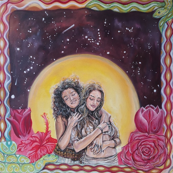 Original Malerei ~ Sisters in Bloom ~ , Frauen-Motiv mit Schlangen und Blumen, Acryl auf Leinwand 40*40 cm, Kollaboration mit Lucy Roberts