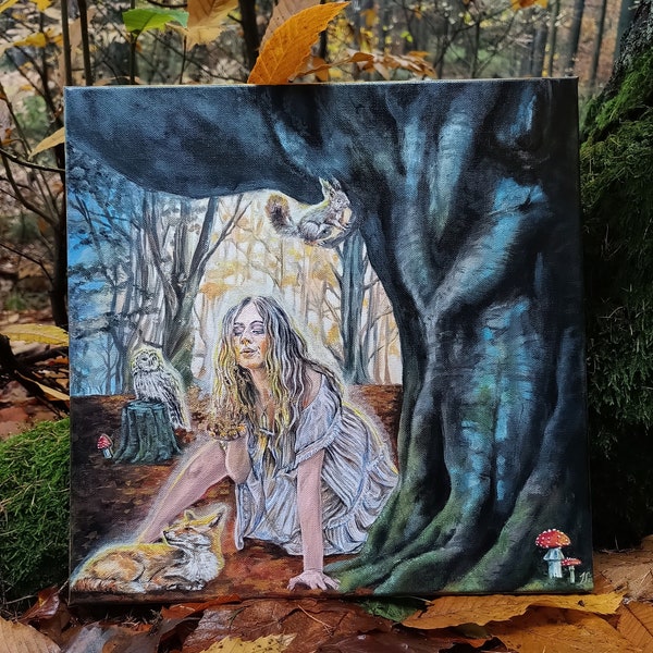 Original Malerei ~ Make a Wish ~ Acryl auf Leinwand, 40x40 cm, Frauen-Motiv mit Waldtieren, Magie im Wald, Märchenwald