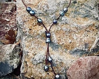 Leather and Pearl Necklace, Leather Jewelry, Bohemian Jewelry, Boho Necklace, Hippie Jewelry, BlueMidnightBySusan