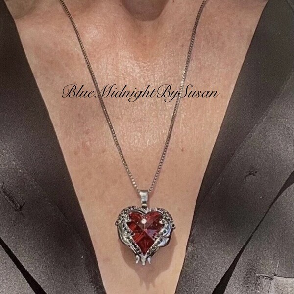 Gothic Jewelry, Gothic Heart Necklace and Matching Earrings, Skull Jewelry, Bat Jewelry, Blood Red, BlueMidnightBySusan.