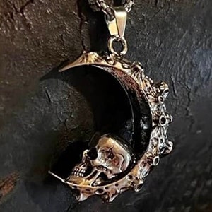 Large Gothic Skull Necklace, Skull Jewelry, Crescent Moon Jewelry, Gothic Jewelry, Spartan Helmet, Coffin Jewelry,  BlueMidnightBySusan