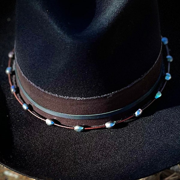 Custom Made Hat Band, Hat Accessories, Bohemian Jewelry, Leather Hat Band, Pearl and Leather Jewelry,BlueMidnightBySusan