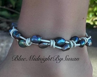 Custom Made Leather Anklet, Bohemian Jewelry, Bohemian Necklace, Pearl Jewelry, Knotted Leather, BlueMidnightBySusan