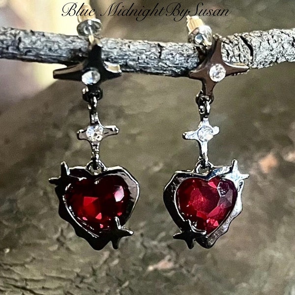 Gothic Jewelry, Gothic Earrings, Blood Red, Blood Red Heart Earrings,Bat Jewelry, Blood Red, Vampire Jewelry,  BlueMidnightBySusan