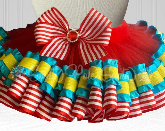 Red and White Striped With Ruffle Blue and Sparkle Yellow Circus Ribbon trimmed Tutu