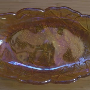 Mid-Century Marigold Carnival Glass Relish Amber Dish