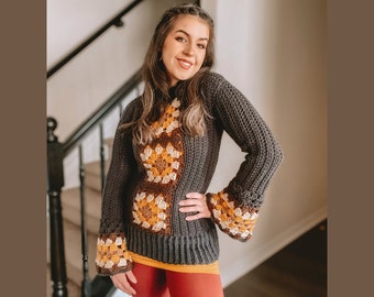 Hippie Soul Sweater - Crochet Pattern Only, 60s, Trendy, Modern Crochet, Size Inclusive, Vintage Style, Granny Square, Lambent Crochet,