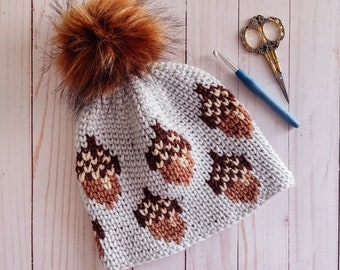 Acorn-Y Beanie Crochet Pattern Only | fall hat, ladies beanie, tapestry crochet, autumn pattern, woodland, acorns pattern, woodsy crochet