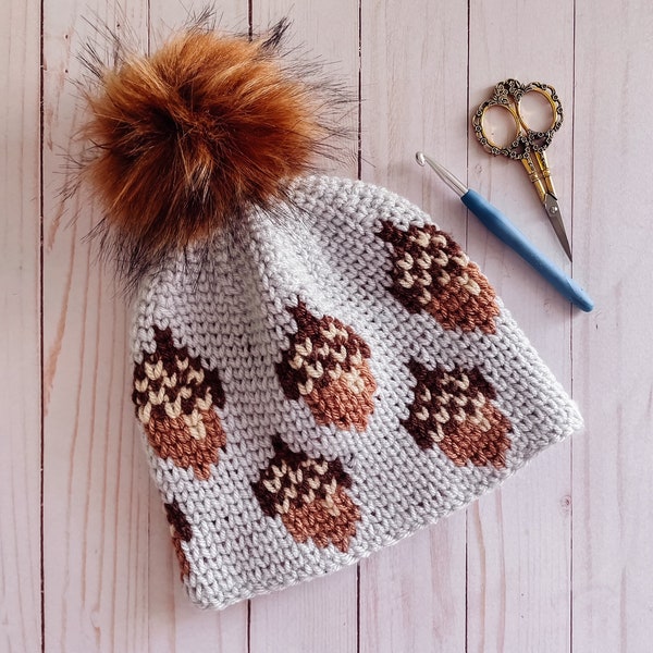 Acorn-Y Beanie Crochet Pattern Only | fall hat, ladies beanie, tapestry crochet, autumn pattern, woodland, acorns pattern, woodsy crochet