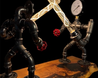 Steampunk Lamp “The Duel” – Industrial Light Sculpture in Solid Wood & Cast Iron – Unique Handcrafted Piece – High-End Loft Decoration